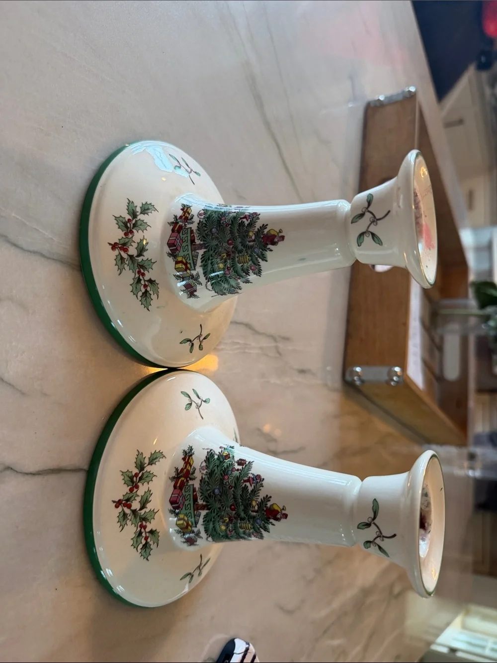 Spode - Holiday Ceramic Candle Holders in Cream and Green - Set of 2